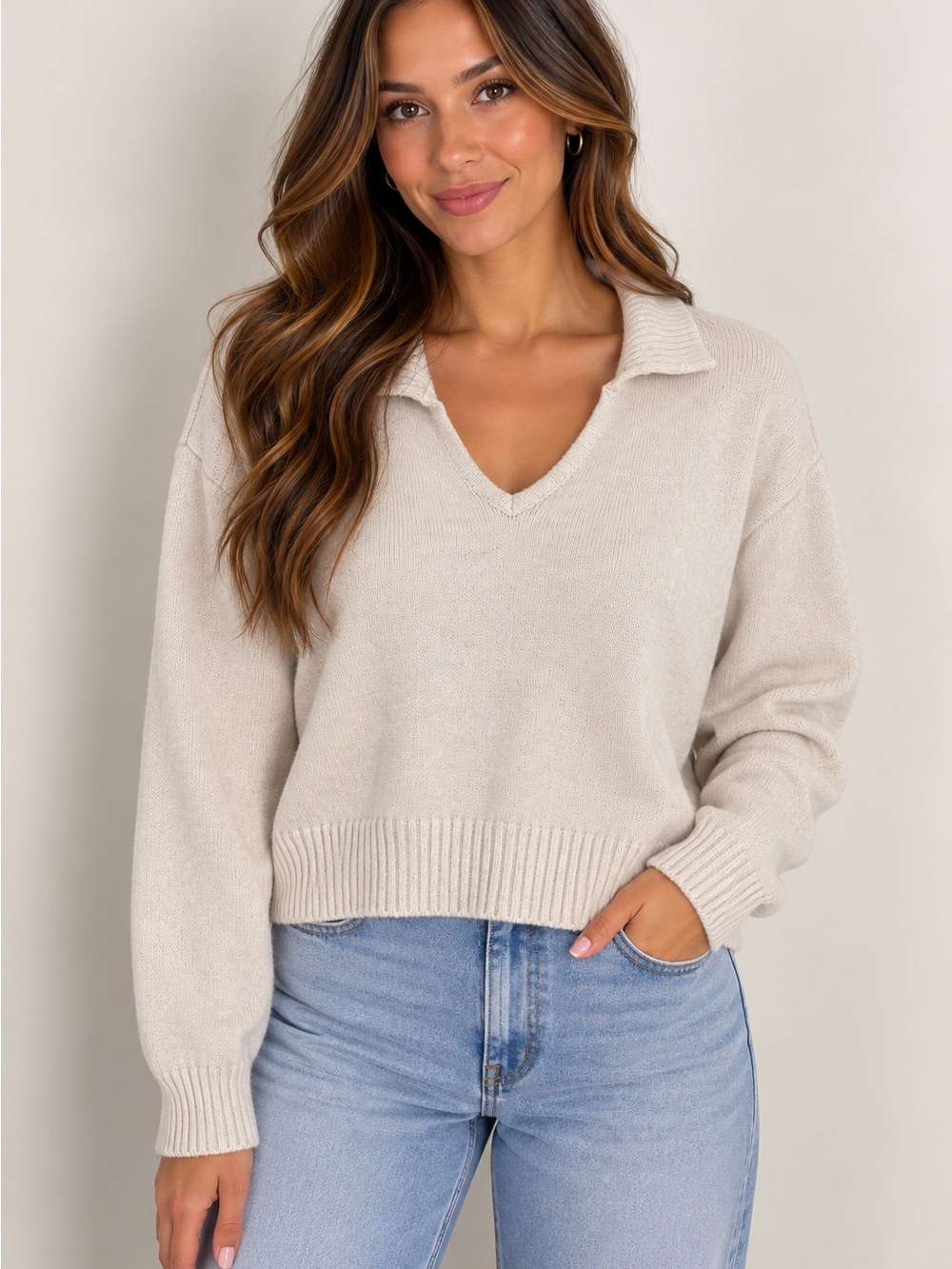 Universal Thread Cream V-Neck Collared Sweater
